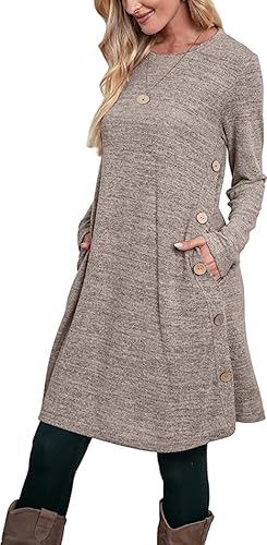 Aokosor Strickkleid Damen Langarm Kleider Pulloverkleid für Damen Tunika Kleid Jumper Kleid mit Knöpfen und Taschen Khaki L von Aokosor