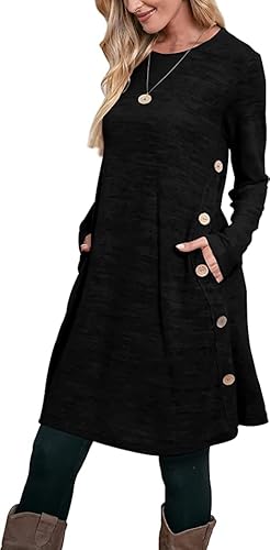 Aokosor Strickkleid Damen Langarm Kleider Pulloverkleid für Damen Tunika Kleid Jumper Kleid mit Knöpfen und Taschen Schwarz XL von Aokosor