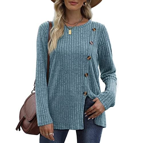 Aokosor Pullover Strickjacken für Damen Baumwolle Strick Pullover Knitted Sweater Sweatshirt ohne Kapuze Tunika Langarm Oberteile Lang Dünn Schlitz mit Knopf Herbst Winter von Aokosor