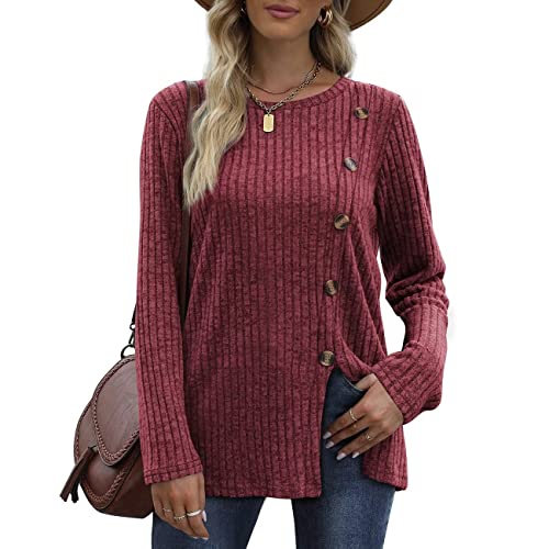 Aokosor Tunika Damen Langarm Winter Pullover Strickjacken Für Damen Herbst Strickpullover Knitted Sweater Sweatshirt ohne Kapuze Oberteile Dünn Schlitz Lang mit Knöpfen von Aokosor