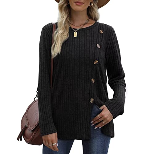 Aokosor Strick Pullover Damen Schwarz Strickjacken Knitted Cardigan Sweater Sweatshirt ohne Kapuze Tunika Langarm Oberteile Dünn Schlitz mit Knöpfen Herbst Winter von Aokosor