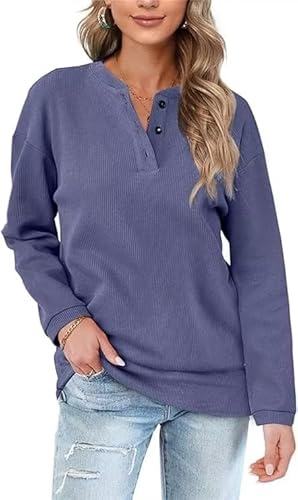 Aokosor Pullover Damen Sweatshirt V Ausschnitt Einfarbig Langarmshirt mit Knöpfen Oberteile für Herbst Winter Blau-lila M von Aokosor