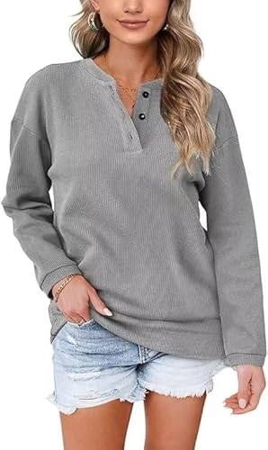 Aokosor Pullover Damen Sweatshirt V Ausschnitt Einfarbig Langarmshirt mit Knöpfen Oberteile für Herbst Winter Grau XXL von Aokosor