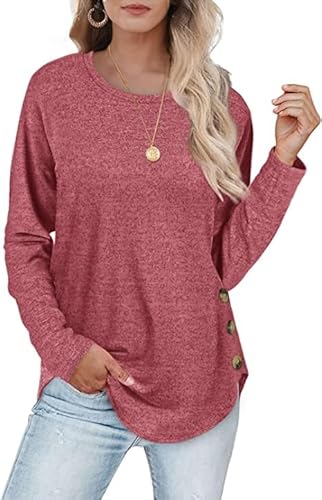 Aokosor Sweatshirt Damen Langarmshirt Leichte Rundhals Pullover Tunika Tops für Herbst Winter Rot S von Aokosor