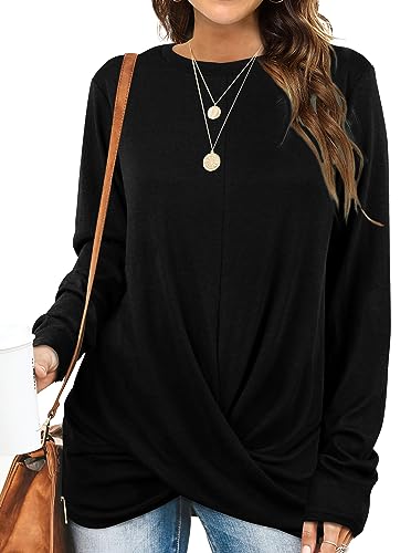 Aokosor Sweatshirt Damen Oversize Langarm Pullover Damen Rundhals Ausschnitt Front Twist Oberteile Damen Herbst Winter Schwarz L von Aokosor