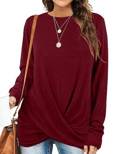 Aokosor Sweatshirt Damen Oversize Langarm Pullover Damen Rundhals Ausschnitt Front Twist Oberteile Damen Herbst Winter Rot S von Aokosor