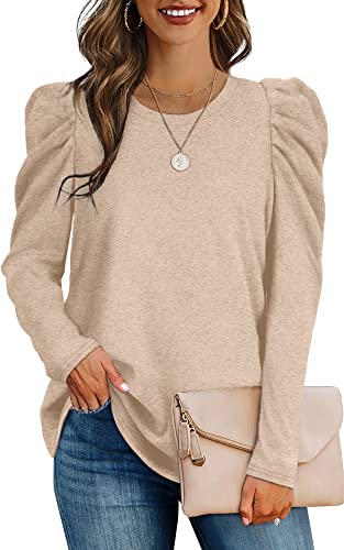 Aokosor Pullover Damen Sweatshirt Puffärmel Elegant Largarmshirt Oversized Rundhals Oberteile für Herbst Winter Khai 2XL von Aokosor