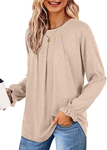 Aokosor Sweatshirt Damen ohne Kapuze Pullover Dünn Lang Elegant Langarmshirt Leichter Oberteile Langarm Tunika Tops Rundhals Casual Loose mit Volantärmel Plissiert für Herbst Winter Khaki L von Aokosor