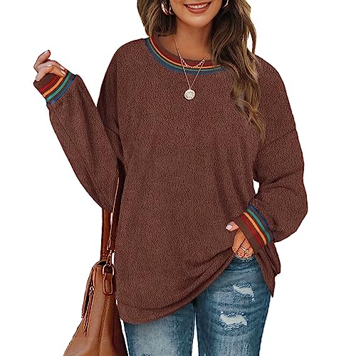 Aokosor Sweatshirt Damen ohne Kapuze Fleece Pullover Tunika Loose Fit Fuzzy Sweater Dünn Oberteile Long Sleeve Shirt Langarmshirt Bluse Lang Fleecejacken Rundhals Polarfleece Regenbogen Braun M von Aokosor