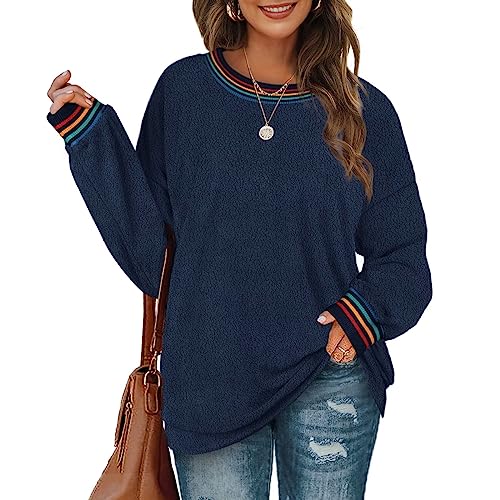 Aokosor Sweatshirt Damen ohne Kapuze Fleece Pullover Tunika Loose Fit Fuzzy Sweater Dünn Oberteile Long Sleeve Shirt Langarmshirt Bluse Lang Fleecejacken Rundhals Polarfleece Regenbogen Dunkelblau M von Aokosor