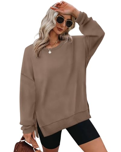 Aokosor Sweatshirts für Frauen Oversized Pullover Damen Rundhalsausschnitt Langarm Tops Side Split, coffee, 38 von Aokosor