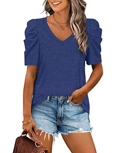 Aokosor T-Shirt Damen Puffärmel V-Ausschnitt Shirt Elegant Blusentop Casual Basic Oberteile Sommer Tops Blau L von Aokosor