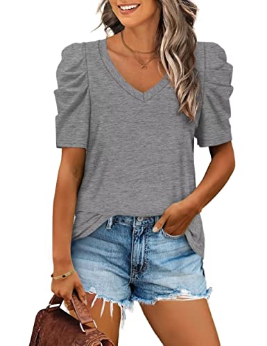 Aokosor T-Shirt Damen Puffärmel V-Ausschnitt Shirt Elegant Blusentop Casual Basic Oberteile Sommer Tops Grau XL von Aokosor