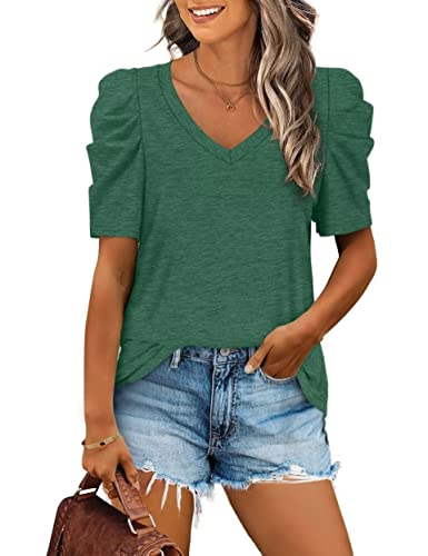 Aokosor T-Shirt Damen Puffärmel V-Ausschnitt Shirt Elegant Blusentop Casual Basic Oberteile Sommer Tops Grün L von Aokosor