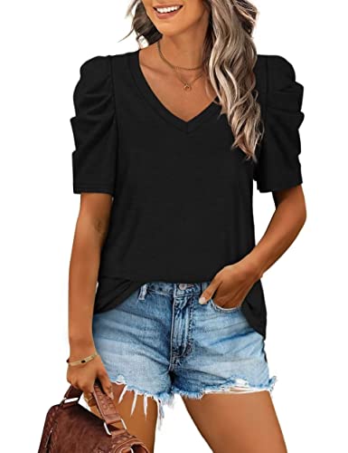 Aokosor T-Shirt Damen Puffärmel V-Ausschnitt Shirt Elegant Blusentop Casual Basic Oberteile Sommer Tops Schwarz L von Aokosor