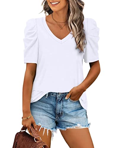 Aokosor T-Shirt Damen Puffärmel V-Ausschnitt Shirt Elegant Blusentop Casual Basic Oberteile Sommer Tops Weiß M von Aokosor