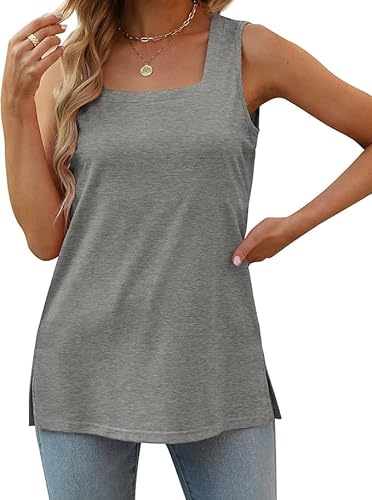 Aokosor Tank Top Damen Lang Basic Tshirt Ärmellos Bluse Locker Oberteile Sommer Tops Square Neck Grau M von Aokosor