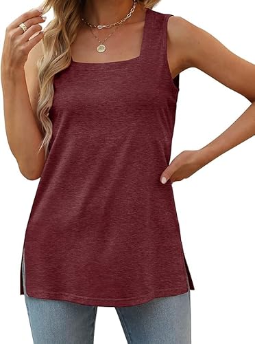 Aokosor Tank Top Damen Lang Square Neck Ärmellos T-Shirt Locker Oberteile Oversize Sommer Rot XXL von Aokosor