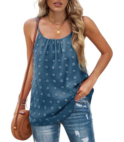 Aokosor Tank Top Damen Spaghetti Top Lang Camisole Summer T-Shirt Ärmellos Rundhals Oberteil unterhemd Damen Spaghettiträger Ladies Tops rückenfrei Loose Fit Chiffon Swiss Dot Blau L von Aokosor