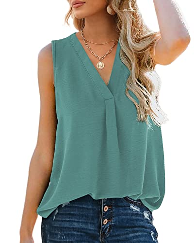 Aokosor Tank Top Damen Sommer Top Elegant Oberteile Tshirt Ärmellos Damen V Ausschnitt Lässig Locker Grün S von Aokosor