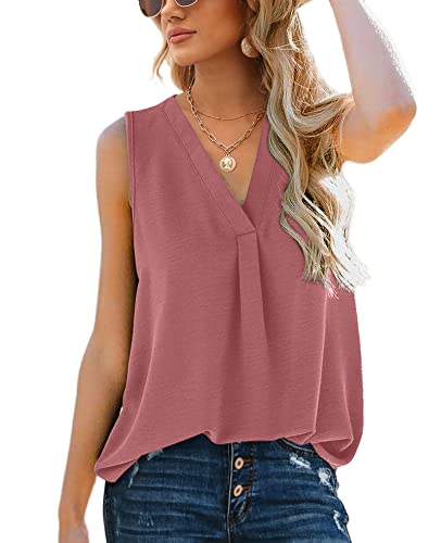 Aokosor Tank Top Damen Sommer Top Elegant Oberteile Tshirt Ärmellos Damen V Ausschnitt Lässig Locker Altrosa M von Aokosor