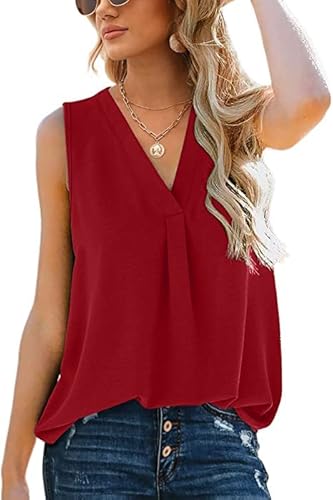 Aokosor Tank Top Damen Sommer Top Elegant Oberteile Tshirt Ärmellos Damen V Ausschnitt Lässig Locker Rot M von Aokosor
