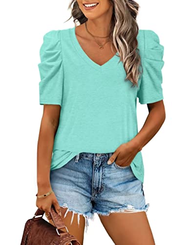 Aokosor T-Shirt Damen Puffärmel V-Ausschnitt Shirt Elegant Blusentop Casual Basic Oberteile Sommer Tops Türkis S von Aokosor