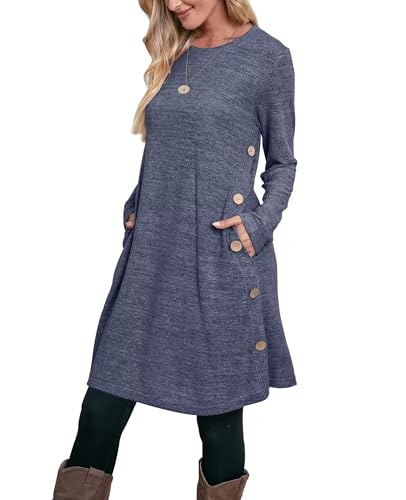 Aokosor Winterkleid Damen Lang Strickkleid Damen Langarm Kleider Pulloverkleid für Damen Tunika Kleid Jumper Kleid mit Knöpfen und Taschen Dunkelgrau XL von Aokosor