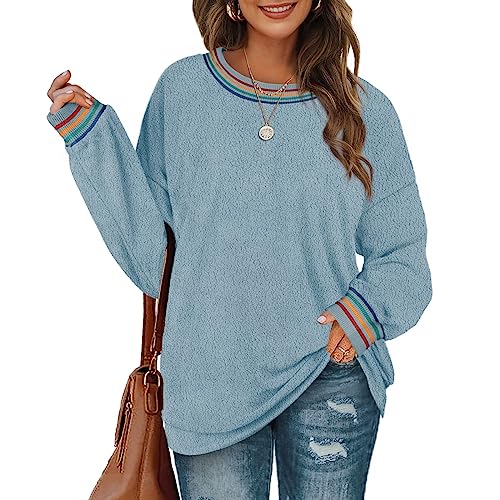 Aokosor Sweatshirt Damen ohne Kapuze Fleece Pullover Tunika Loose Fit Fuzzy Sweater Dünn Oberteile Long Sleeve Shirt Langarmshirt Bluse Lang Fleecejacken Rundhals Polarfleece Regenbogen Blau M von Aokosor