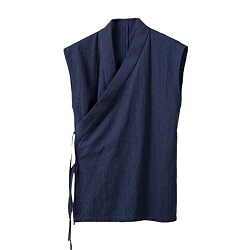 Aoleaky Chinesische traditionelle Kleidung Hanfu Weste Herren Leinen Baumwolle ärmelloses Oberteil Herren Tang Anzug Kimono Strickjacke Herren Schlitzoberteil Navy Blue S von Aoleaky