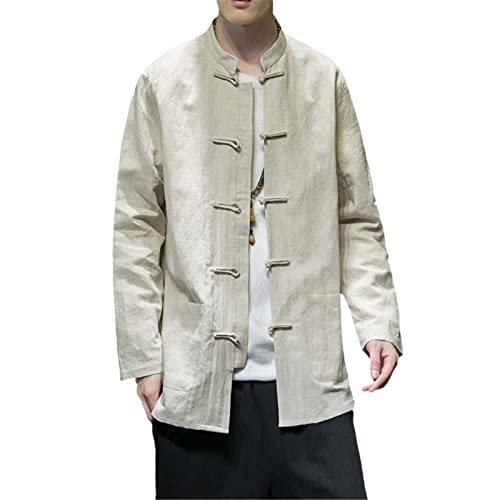 Aoleaky Chinesischer Stil Retro Knopf Leinen Langarm Top Herren Tang Anzug Traditionelle Chinesische Kleidung Kung Fu Tai Chi Loses Hanfu Hemd beige S von Aoleaky
