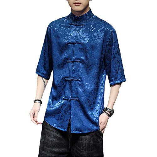 Aoleaky Chinesisches traditionelles Herren-Drachen-Kung-Fu-Hemd Top Herren-Kurzarmhemd Elegantes Tang-Jacquard-Gentleman-Hemd Navy XL von Aoleaky