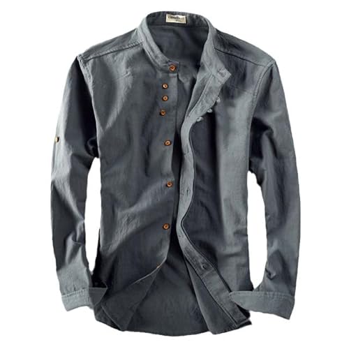 Aoleaky Frühlingshemd für Herren - japanischer Vintage-Stil, hochwertiges Leinen, Stehkragen, schlanke Passform, einreihig, lässig Deep Gray XS von Aoleaky
