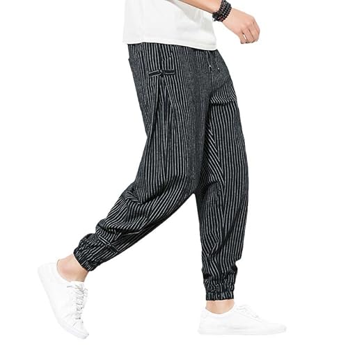 Aoleaky Haremshose Männer Koreanischer Stil Lässige Lose Baumwolle Leinen Gestreifte Männer Jogginghose Joggerhose Streetwear Hose Black XL von Aoleaky