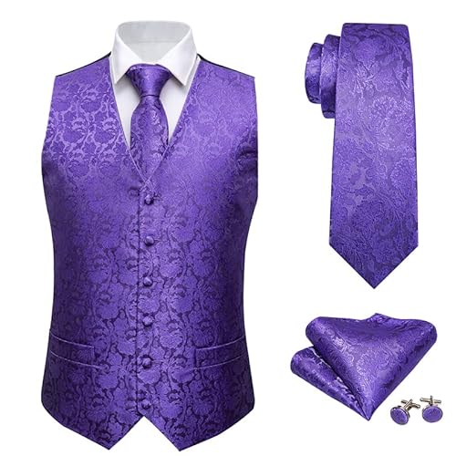 Aoleaky Lila Anzug Weste Herren Violett Floral Jacquard Folral Seide Weste Weste Einstecktuch Krawatte Set MJ-2021 S von Aoleaky