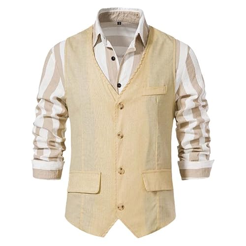 Aoleaky Weiße Baumwolle Leinen Anzug Weste Herren Frühling Regular Fit V-Ausschnitt ärmellose Weste Herren formelle Hochzeitsweste Gilet Khaki M von Aoleaky