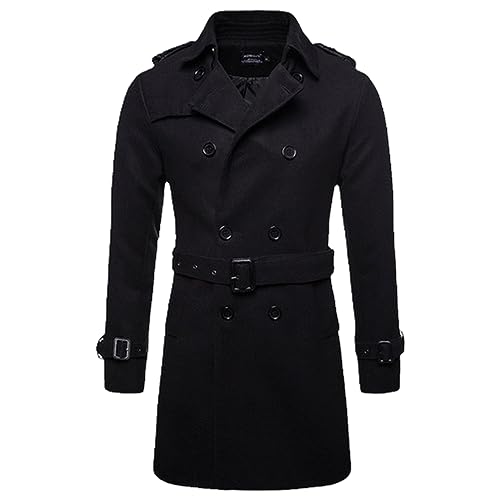 Herren Mittellanger Wollmantel Lässiger Doppelreihiger Mantel Männlicher Revers-Windbreaker Herbst Gürtel Stil Jacke Black L von Aoleaky