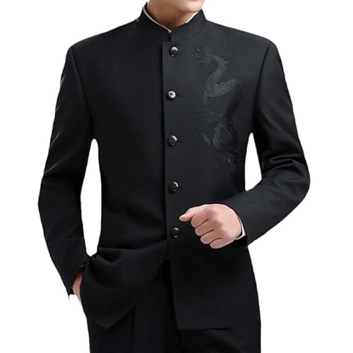 Herren Tunika Anzug Jacke Stickerei Drache im chinesischen Stil Stehkragen Stehkragen Mandarin Mantel schwarz Einzelknopf Style 01 L von Aoleaky
