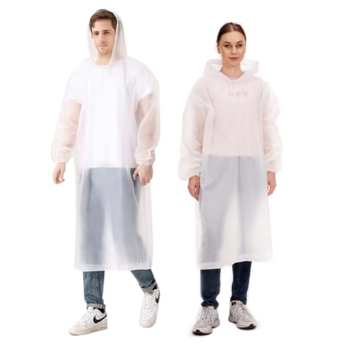 Aolegoo 2 Stück Regenponcho, Wiederverwendbarer Unisex-Poncho Mit Hut und Ärmeln für Fahrrad Wandern Camping Musikfestivals (Weiß) von Aolegoo