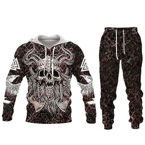 Aoligeinb Herren Trainingsanzug Set Viking Warrior 3D gedruckte Kapuzenpullover und Jogginghosen Set Zweiteiliges Set Lässiger Sportanzug von Aoligeinb
