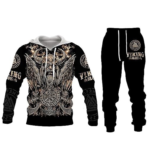 Aoligeinb Herren Trainingsanzug Set Viking Warrior 3D gedruckte Kapuzenpullover und Jogginghosen Set Zweiteiliges Set Lässiger Sportanzug von Aoligeinb