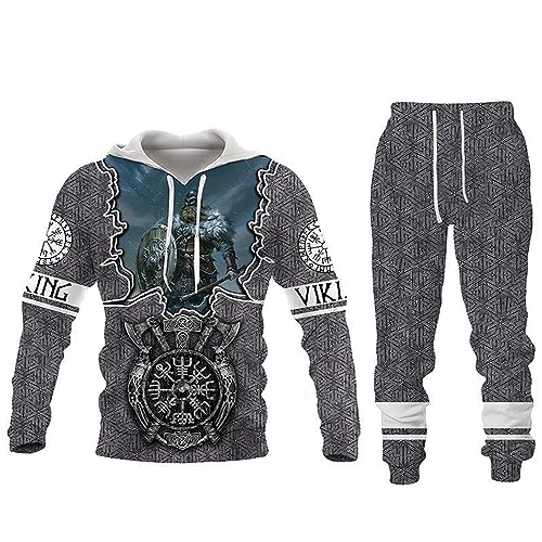 Aoligeinb Herren Trainingsanzug Set Viking Warrior 3D gedruckte Kapuzenpullover und Jogginghosen Set Zweiteiliges Set Lässiger Sportanzug von Aoligeinb