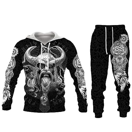 Aoligeinb Herren Trainingsanzug Set Viking Warrior 3D gedruckte Kapuzenpullover und Jogginghosen Set Zweiteiliges Set Lässiger Sportanzug von Aoligeinb