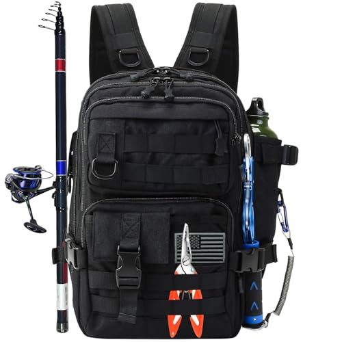 Angelrucksack Angelzubehör Aufbewahrungstasche Angelausrüstung und Ausrüstung mit Rutenhalter Angelausrüstung Schultertasche Rucksack für Outdoor-Angeln, Jagd, Wandern (Schwarz) von Aollerfilery