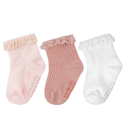 Aolso Säugling Rüschen Socken, Rutschfeste Baby Söckchen, 3 Paar gemischte Farben Baby Mädchen Socken, Neugeborene Knöchel Kleid Taufe, ür Neugeborene 0-4 Jahre von Aolso