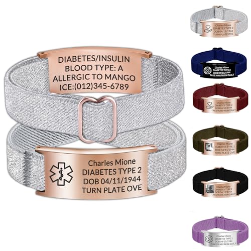 Medical Alert Armbänder für Frauen Männer, benutzerdefinierte medizinische Id Armbänder personalisiert graviert verstellbares Armband mit Text Foto personalisierte Geschenke, Sliver von Aolun