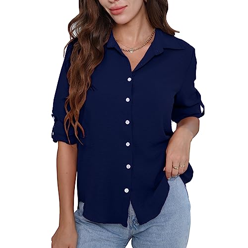 Aomey Damen Bluse Elegant V-Ausschnitt Hemd Langarm Casual Arbeit Langarmshirt mit Knöpfen Lose Basic Einfarbig Oberteile S-XXL von Aomey