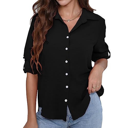 Aomey Damen Bluse Elegant V-Ausschnitt Hemd Langarm Casual Arbeit Langarmshirt mit Knöpfen Lose Basic Einfarbig Oberteile S-XXL von Aomey