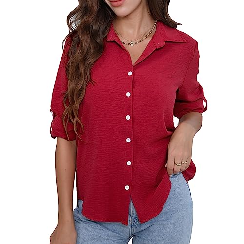 Aomey Damen Bluse Elegant V-Ausschnitt Hemd Langarm Casual Arbeit Langarmshirt mit Knöpfen Lose Basic Einfarbig Oberteile S-XXL von Aomey