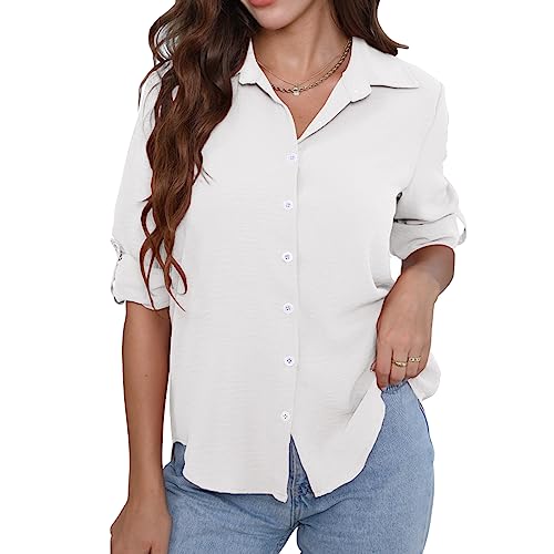 Aomey Damen Bluse Elegant V-Ausschnitt Hemd Langarm Casual Arbeit Langarmshirt mit Knöpfen Lose Basic Einfarbig Oberteile S-XXL von Aomey